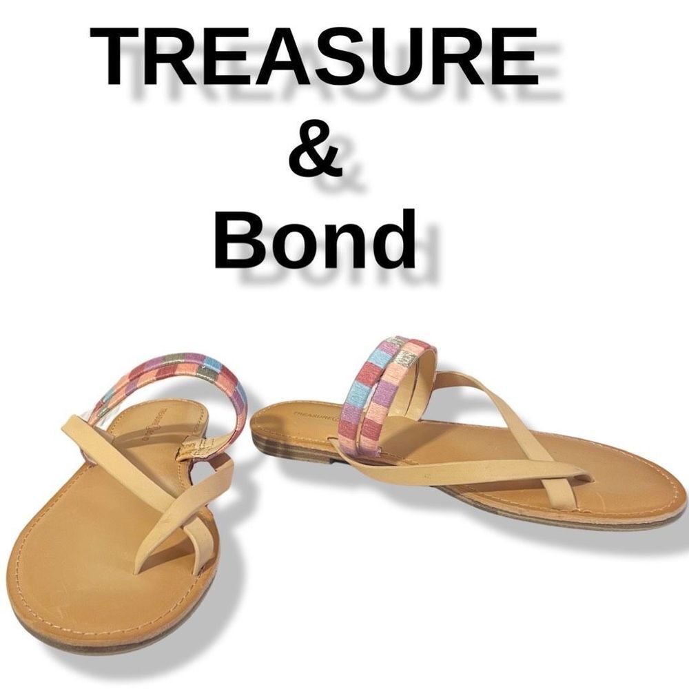TREASURE & BOND Walker Sandal, Tan w/ Pastel Multi-color Woven Straps, Size 7.5